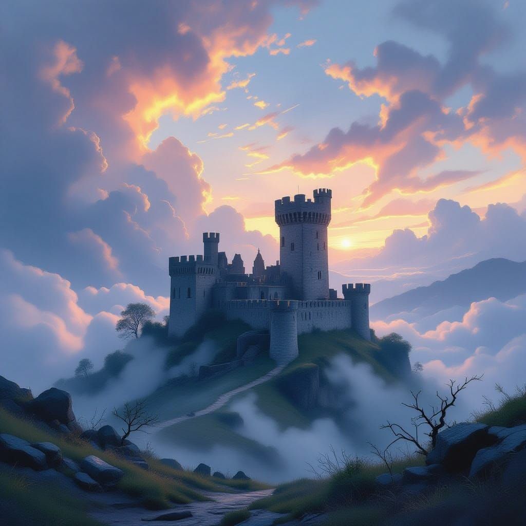 Misty Castle on Nebula Hill in Impressionistic Style