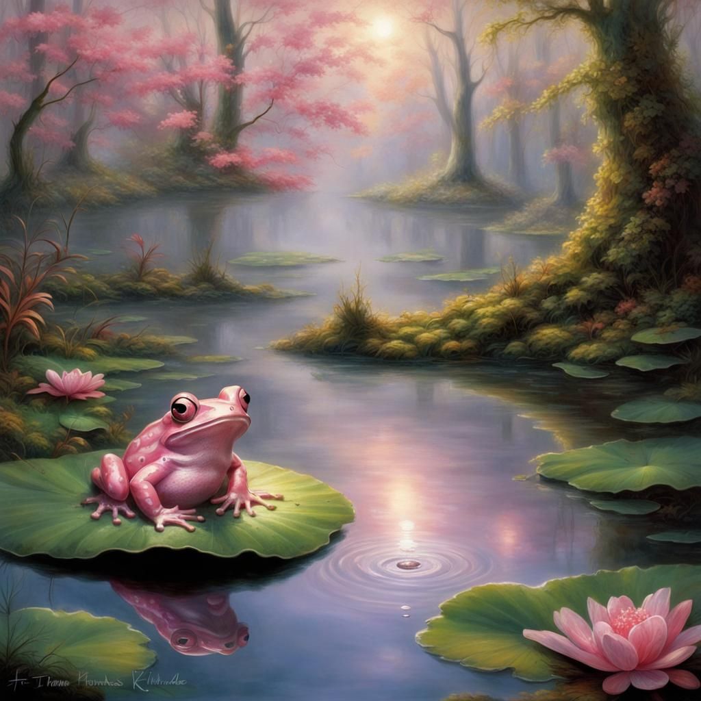 Pink Frog in Ethereal Woodland Pond Scene