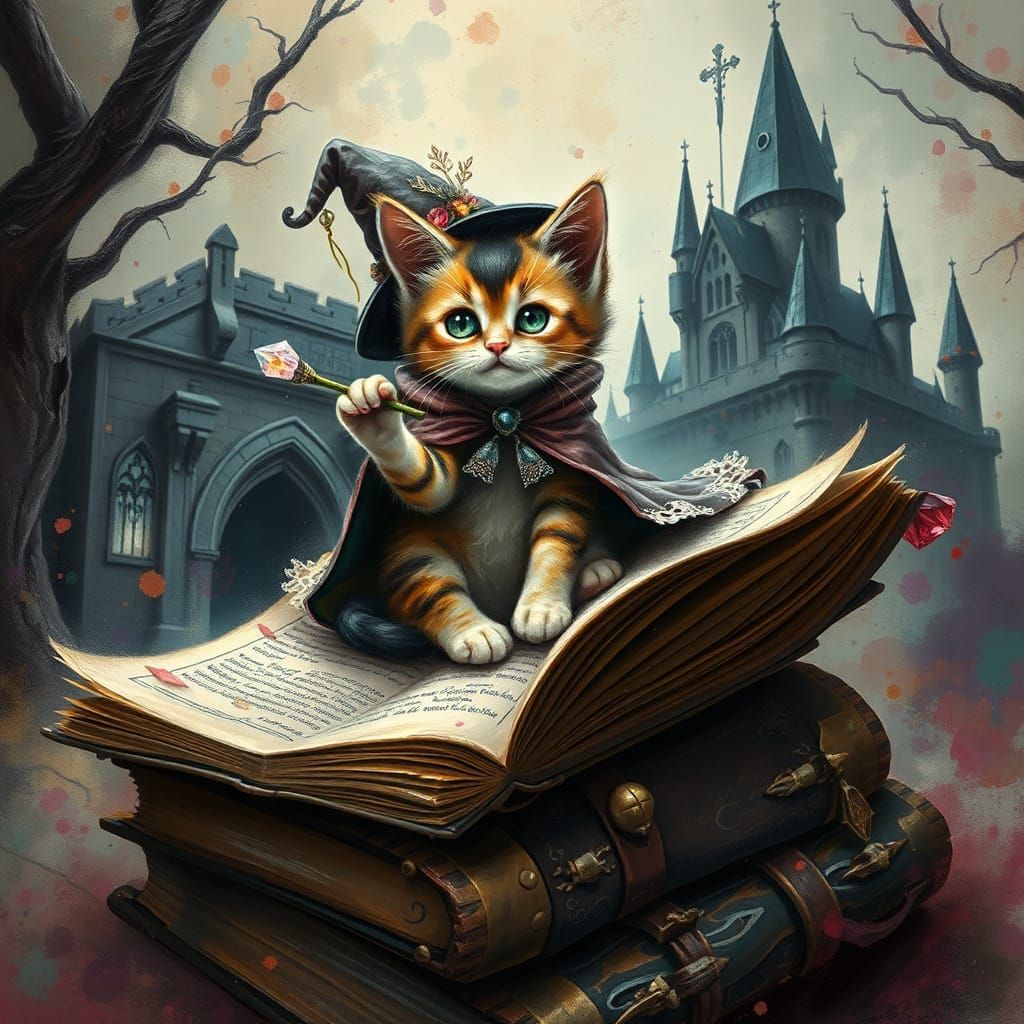 Whimsical Kitten Witch Casting a Spell
