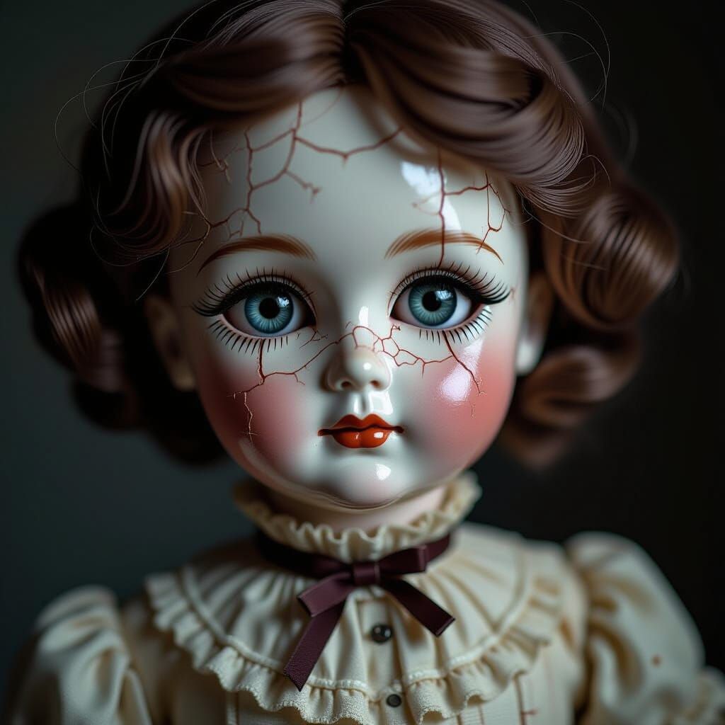 Unnerving Vintage Porcelain Doll Portrait in Gothic Horror S...