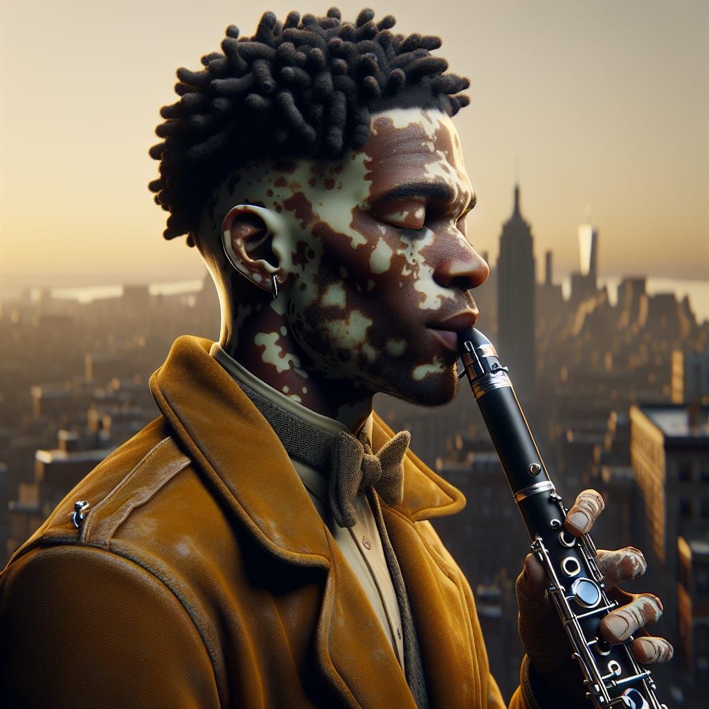 Hyperrealistic Portrait of a Black Man Playing Clarinet in H...