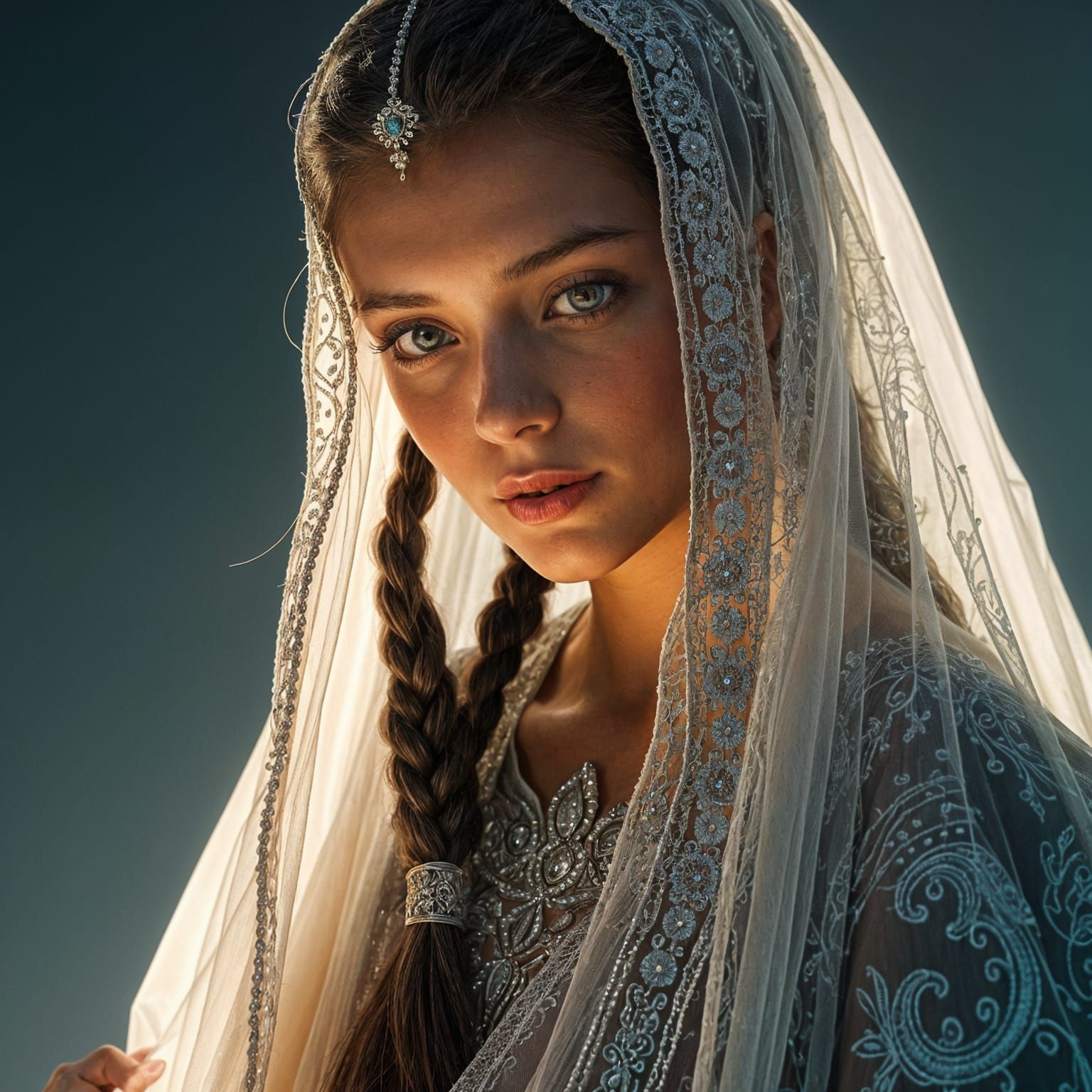 Ethereal Woman with Braids and Veil