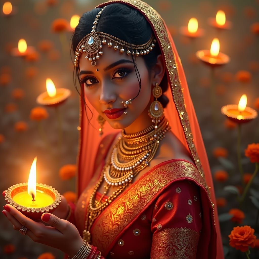 Diwali Celebration: A Hyperrealistic Portrait in Opulent Sty...