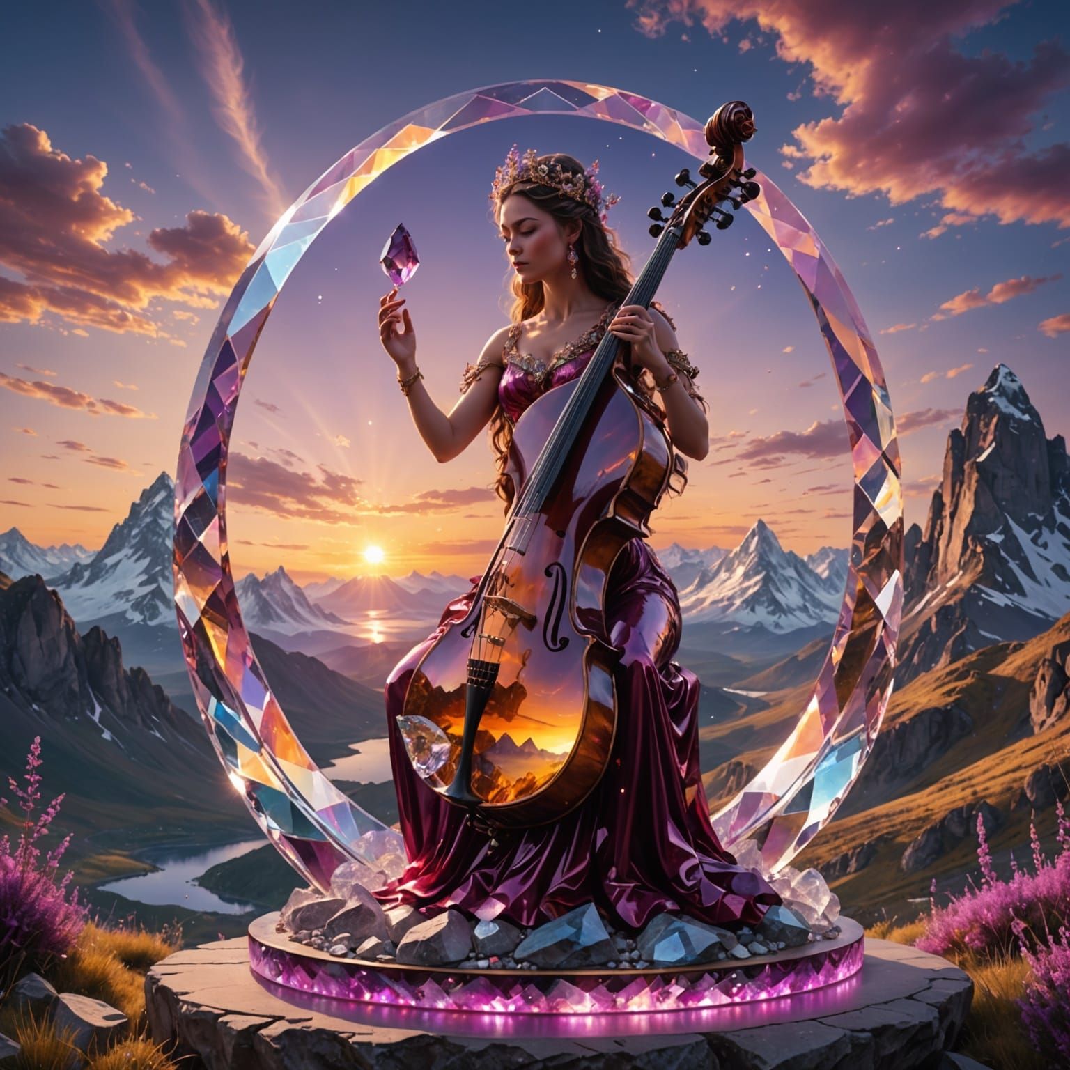 Crystal Glass Goddess Plays Contrabass in a Ruby and Citrine...