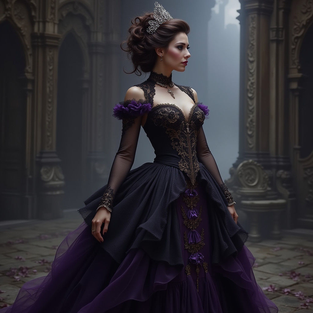 Regal Victorian-Era Woman in Elegant Black Gown