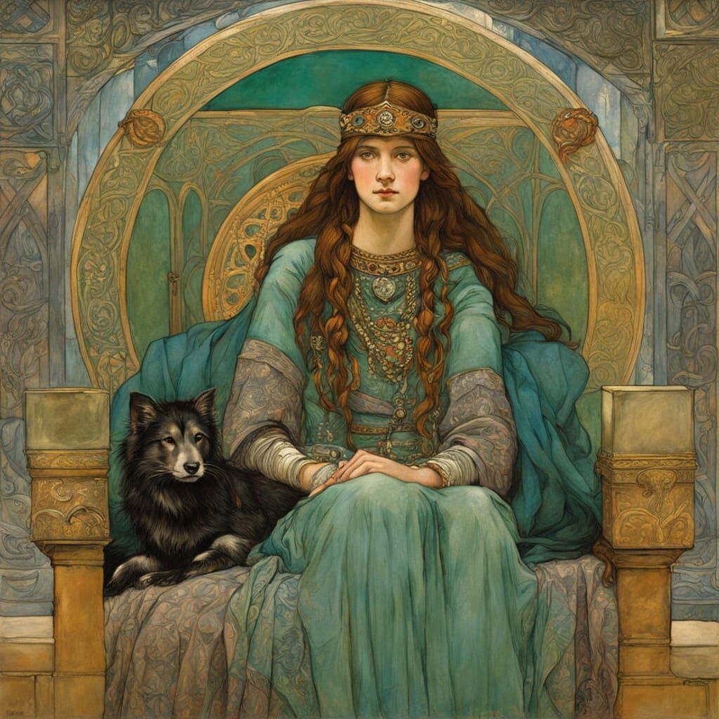 Celtic Princess with Dog in Opulent Medieval Setting
