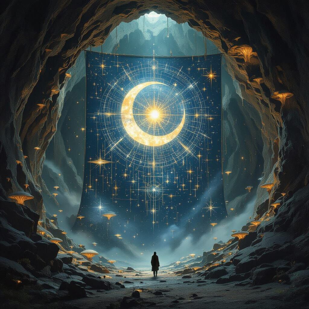 Ancient Celestial Map Tapestry in Mountain Cavern