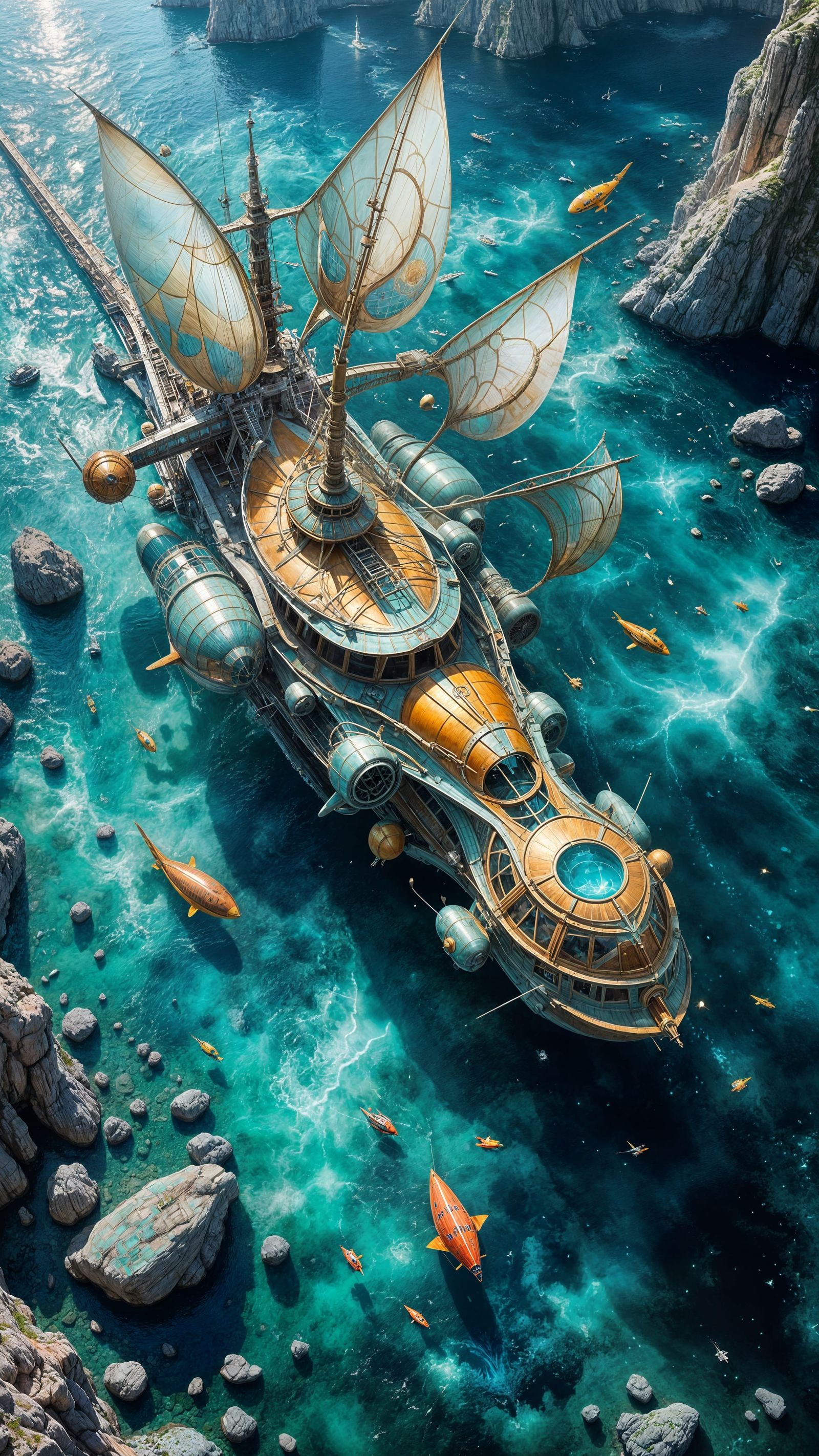 Futuristic Airship Over Glowing Neon Ocean