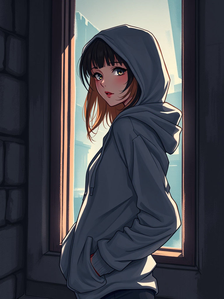 Anime Girl in Hoodie by Window