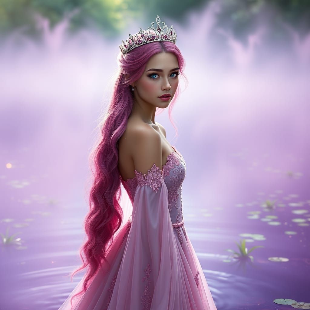 Pink Haired Woman in Purple Lake Fantasy Art