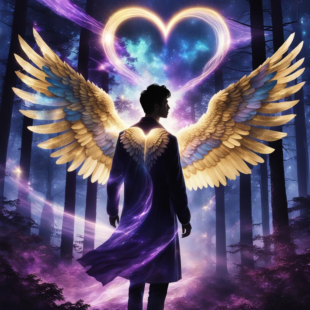 Ethereal Angel in Nebula Forest: Digital Illustration