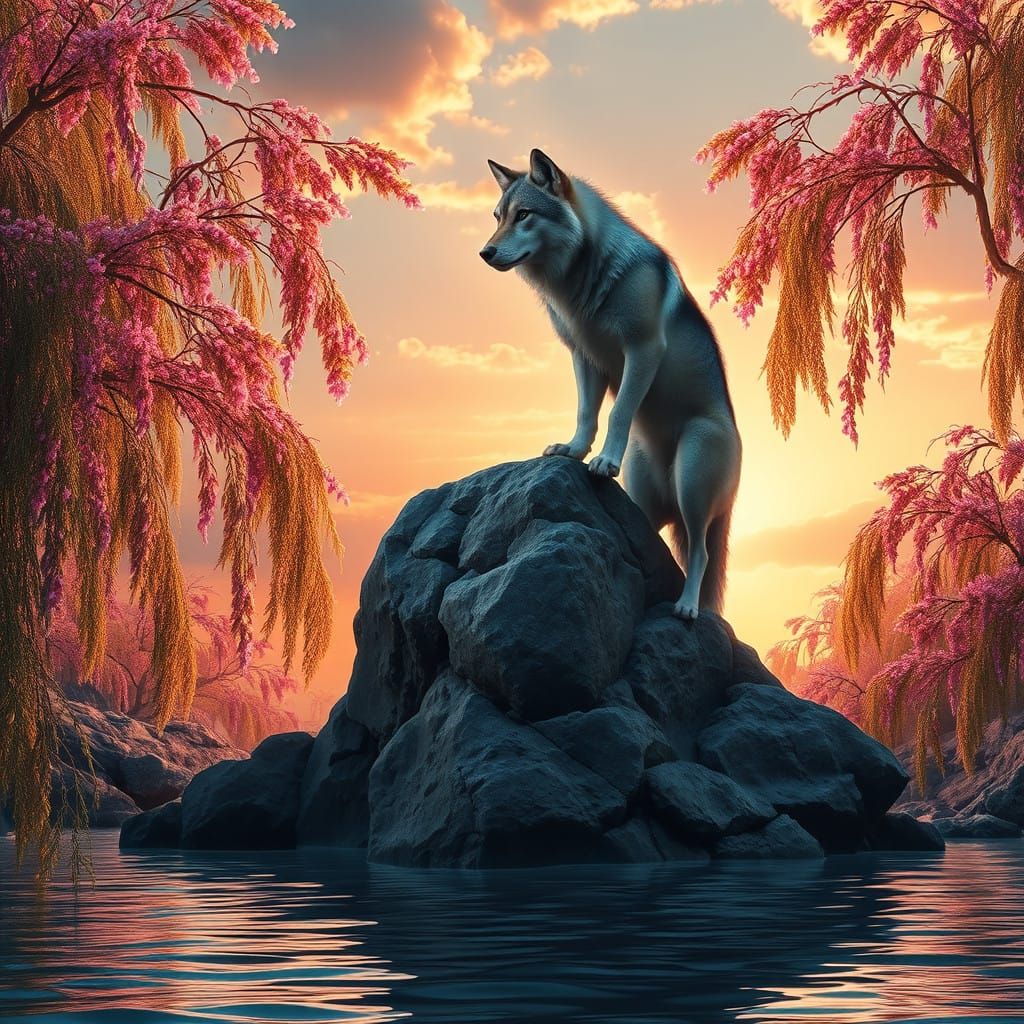 Majestic Wolf Amidst Vibrant Willows in a Dreamlike Landscap...