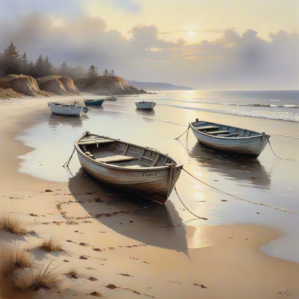 Alien Boats Rest on Seashore in Surreal Watercolor
