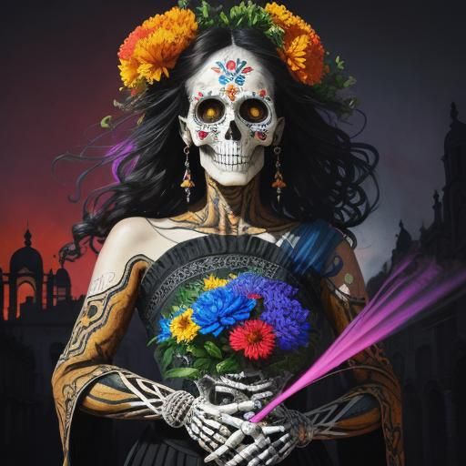 Day of the Dead Comic Art with Skeleton Woman