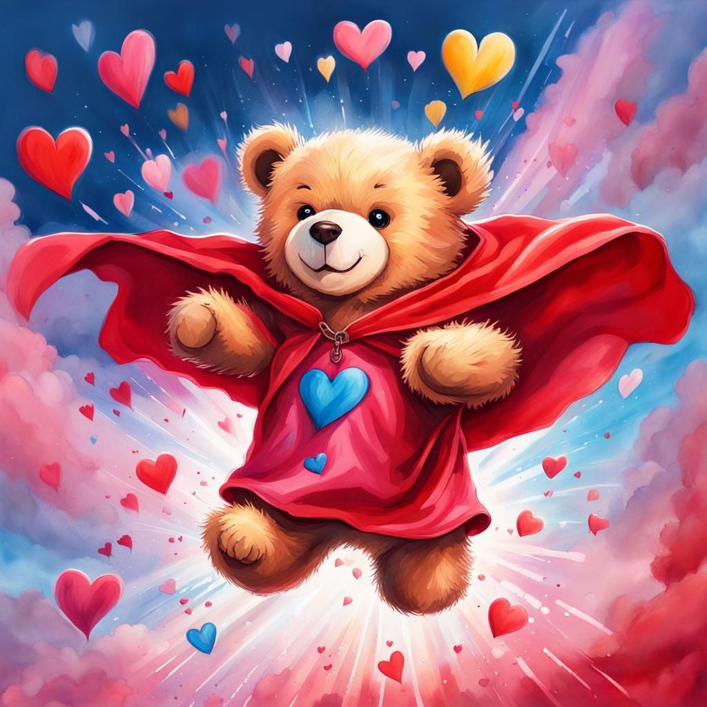 Flying Teddy Bear Superhero with Rainbow Explosion