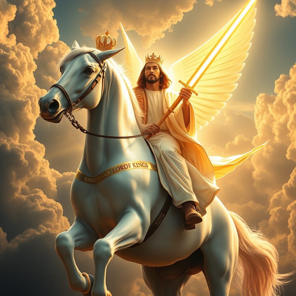 Jesus Christ on White Horse in Epic Fantasy Style