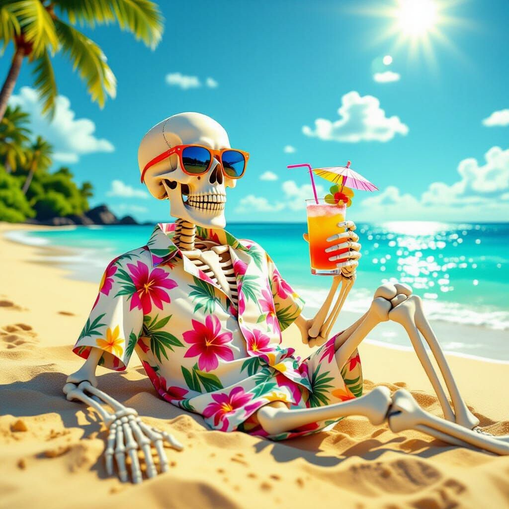 Skeleton Relaxing on Tropical Beach with Cocktail