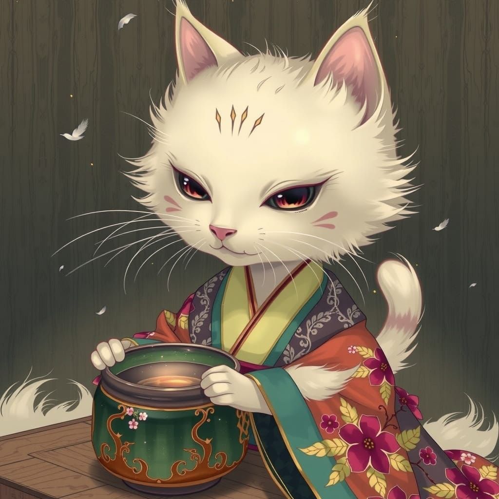 Cat in Kimono Tea Ceremony: Dreamlike Digital Art