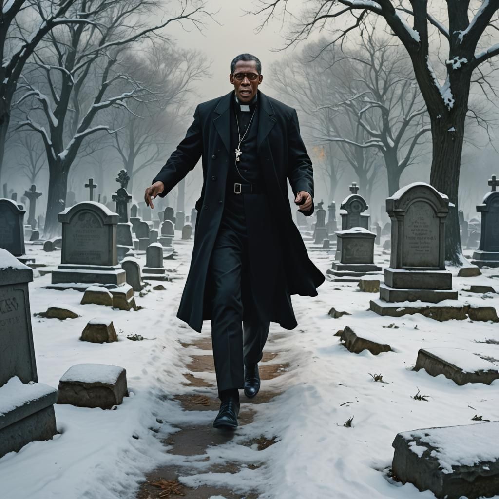 Black Reverend Runs Through Snowy Cemetery