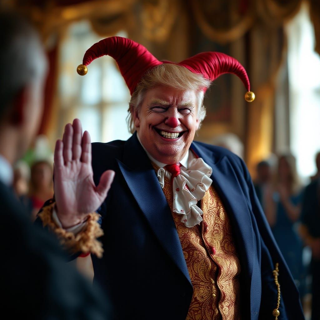 Donald.Trump dressed as a maniacally grinning court jester being sworn as the president of the USA in 2025 Professional ...