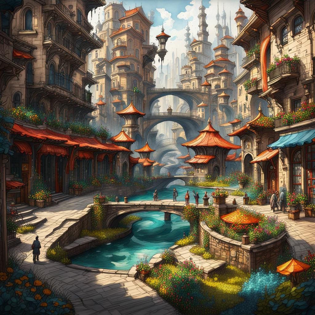 Modern Urban Garden in Watercolor Ink Drawing