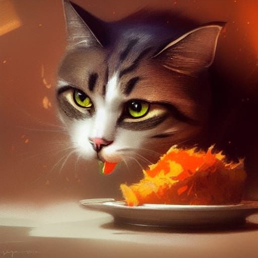Cat Eating: Hyperdetailed Art Nouveau Concept Art