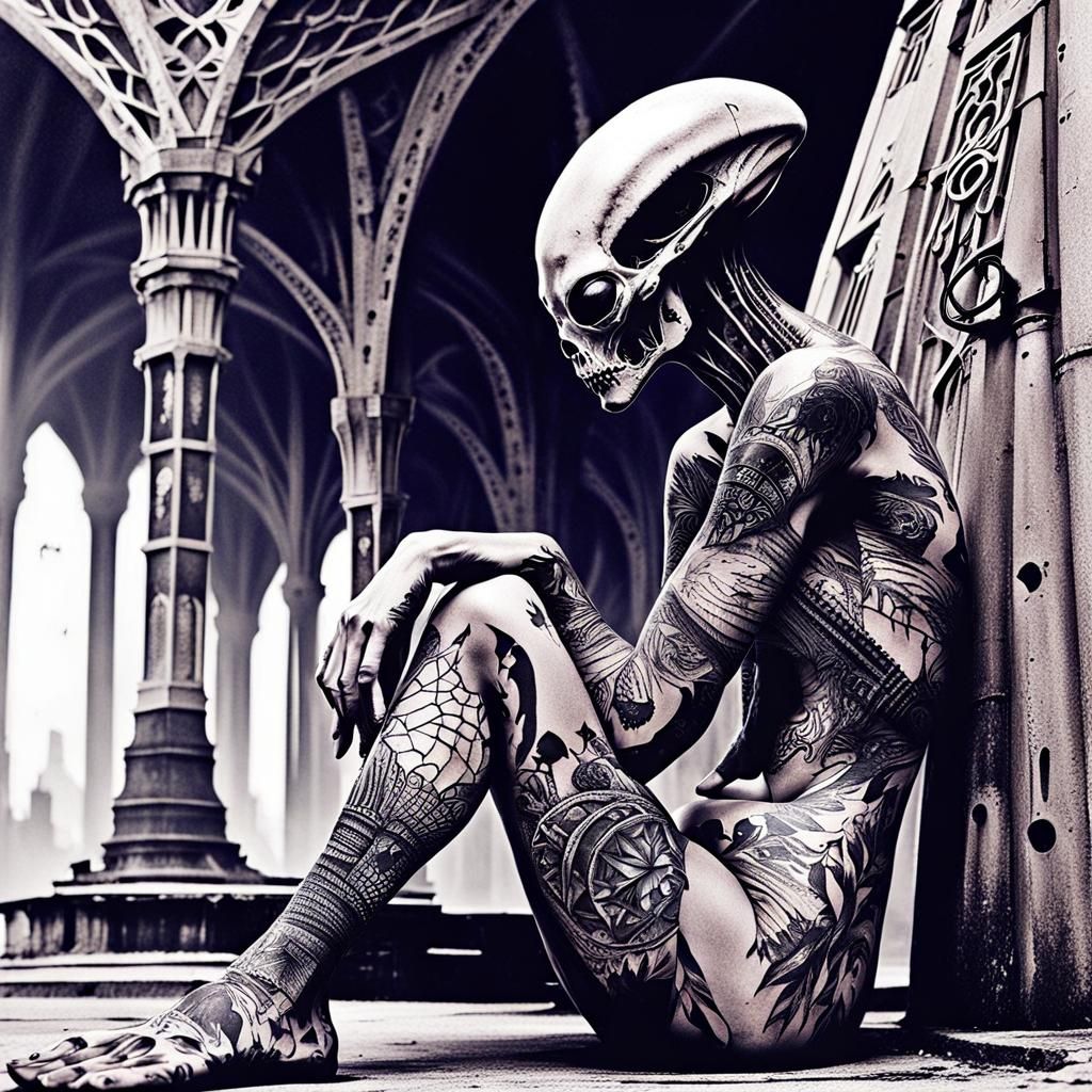 Gloomy Tattooed Alien in Desolate Landscape