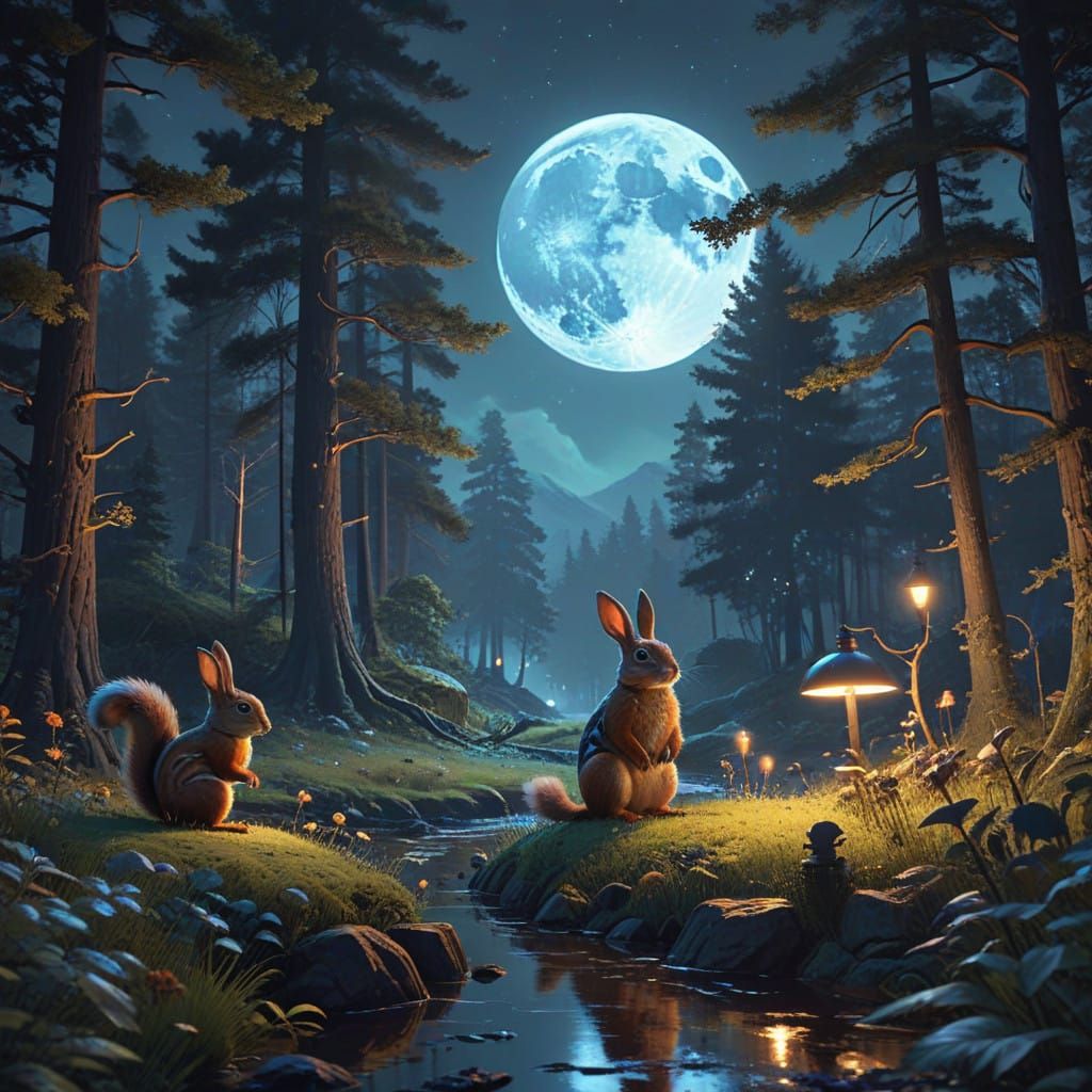 Whimsical Forest Creatures Under a Starry Night Sky