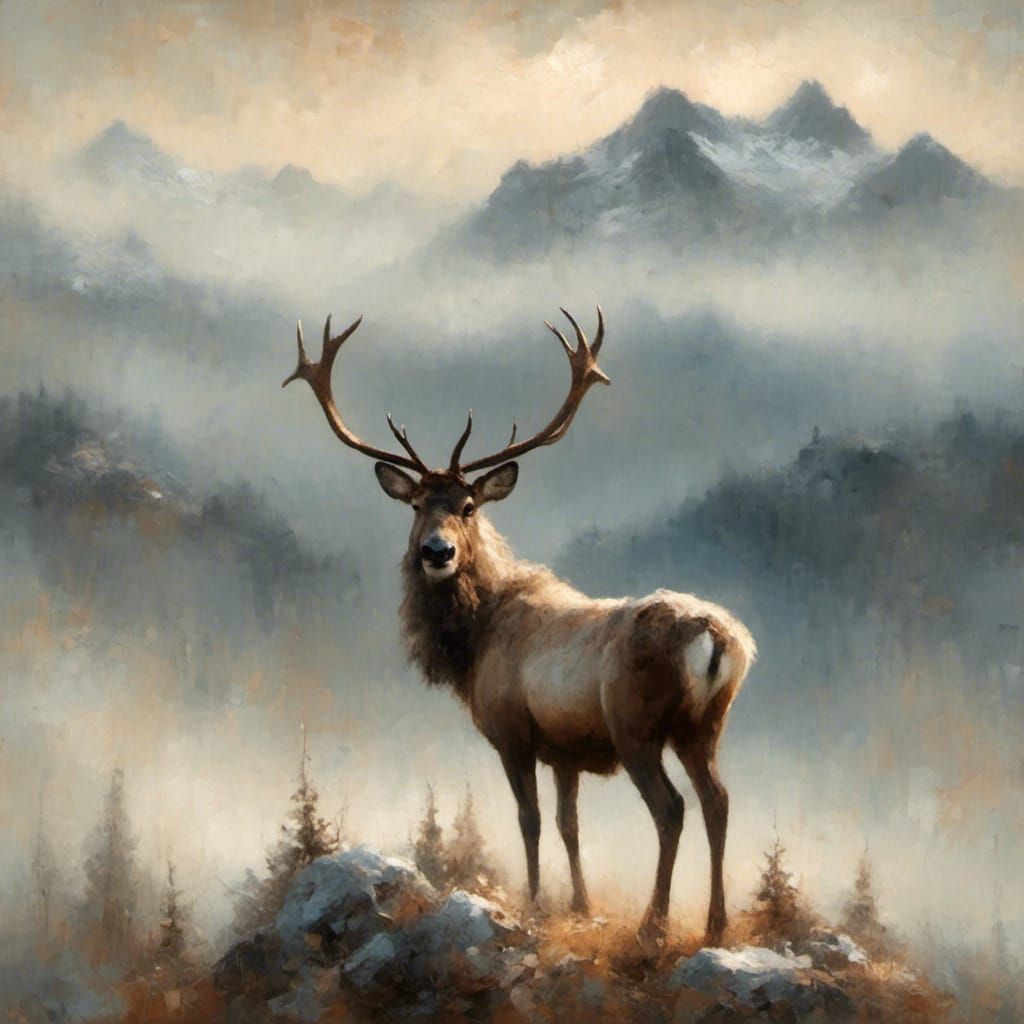 Reindeer Stands Proudly: Impressionist Mountain Scene
