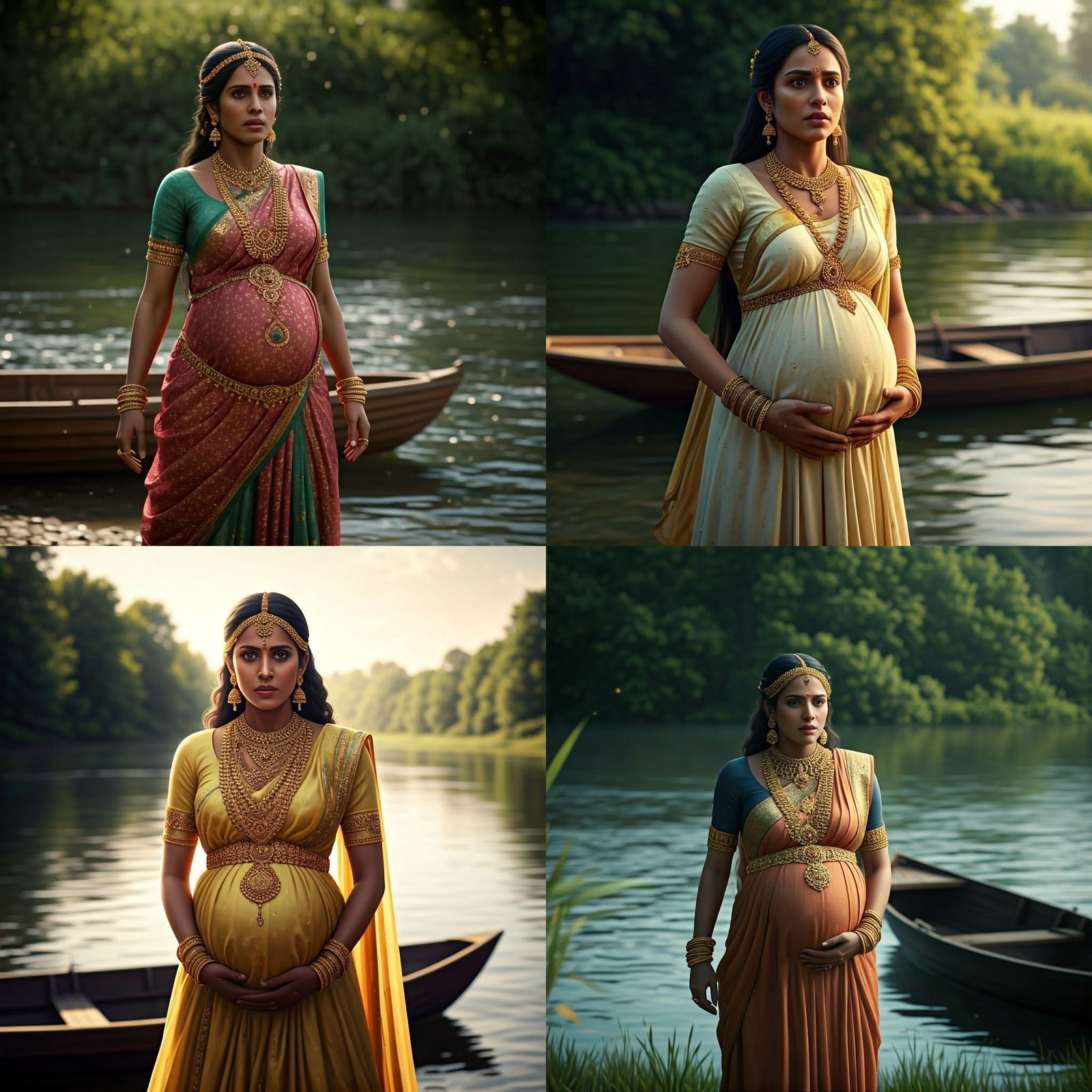 Regal Pregnant Queen Stands at River's Edge in Traditional A...