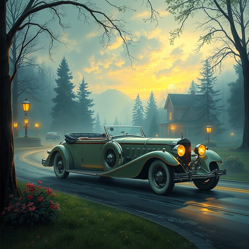 Vintage Auburn Duesenberg Speedster in Ethereal Fantasy Scen...