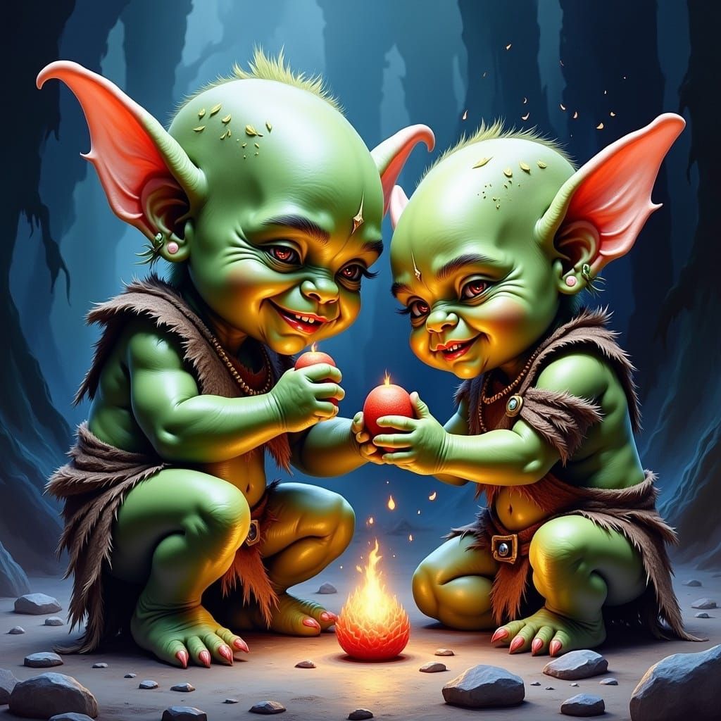 Cute Baby Orcs Playing: Alcohol Ink and Oil Paint