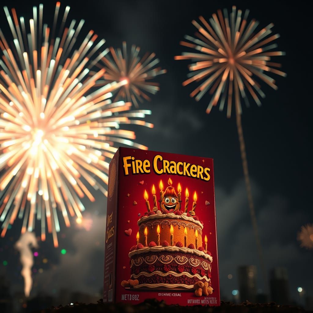 Fireworks Cereal Box with Cake and Mascot