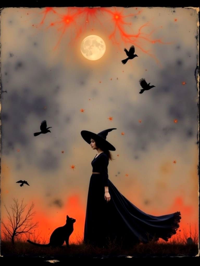 Goth Witch in Ethereal Cemetery, Klimt Inspired