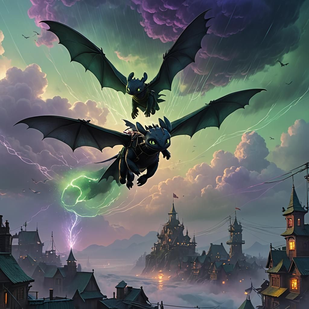 Toothless and Hiccup Soaring Through Misty Skies