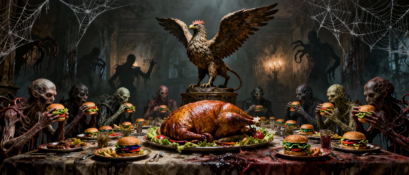 Macabre Thanksgiving Feast with Eldritch Beings Eating Burge...