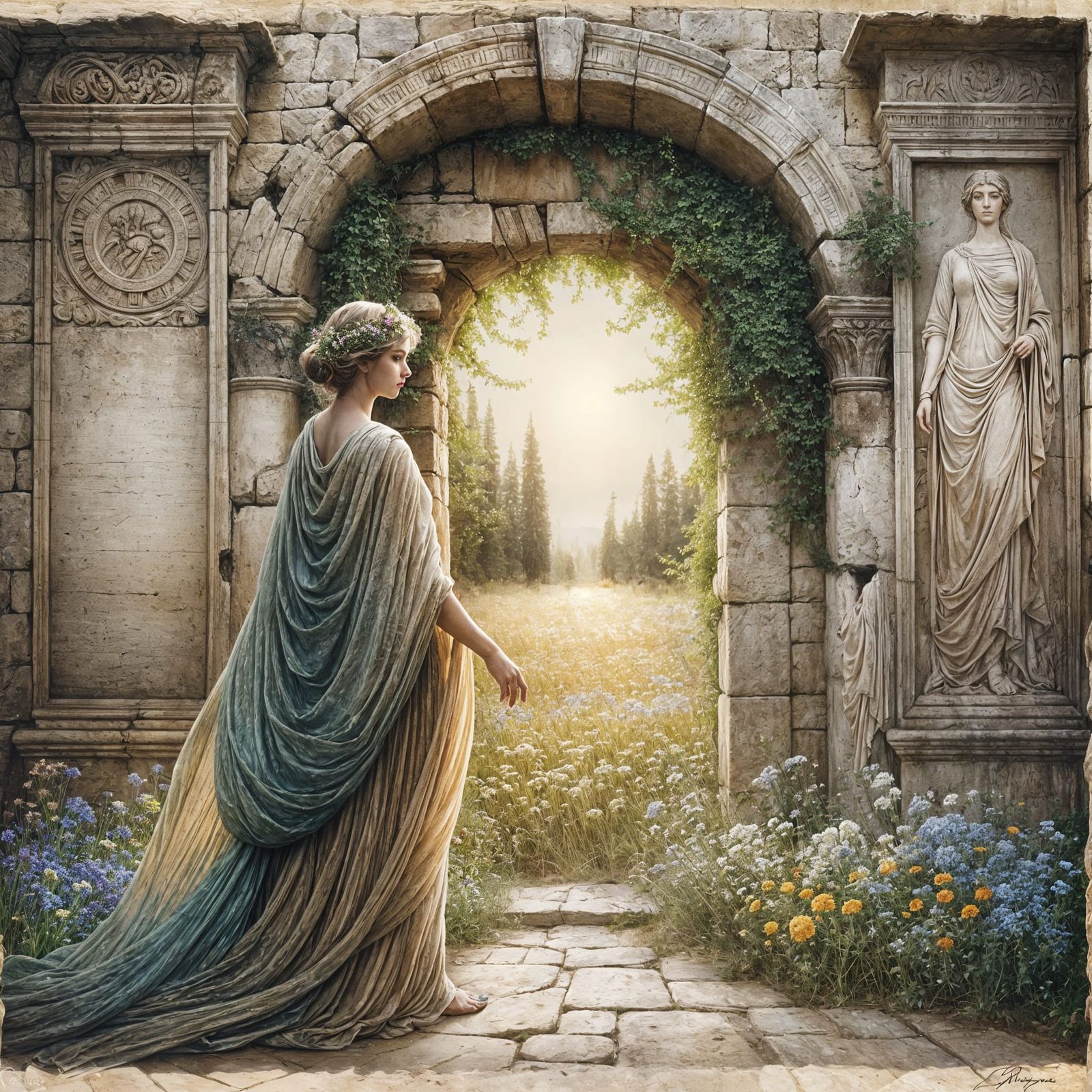 An elegant Greek woman, draped in flowing, textured fabric, stands before an ancient, crumbling stone archway overgrown ...