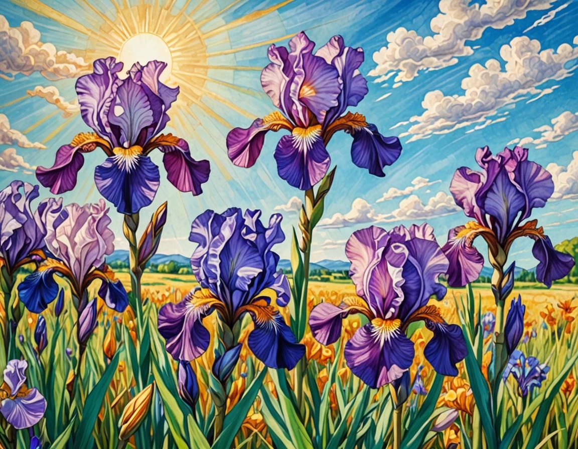 Iris Flowers in a Colorful Pencil Sketch