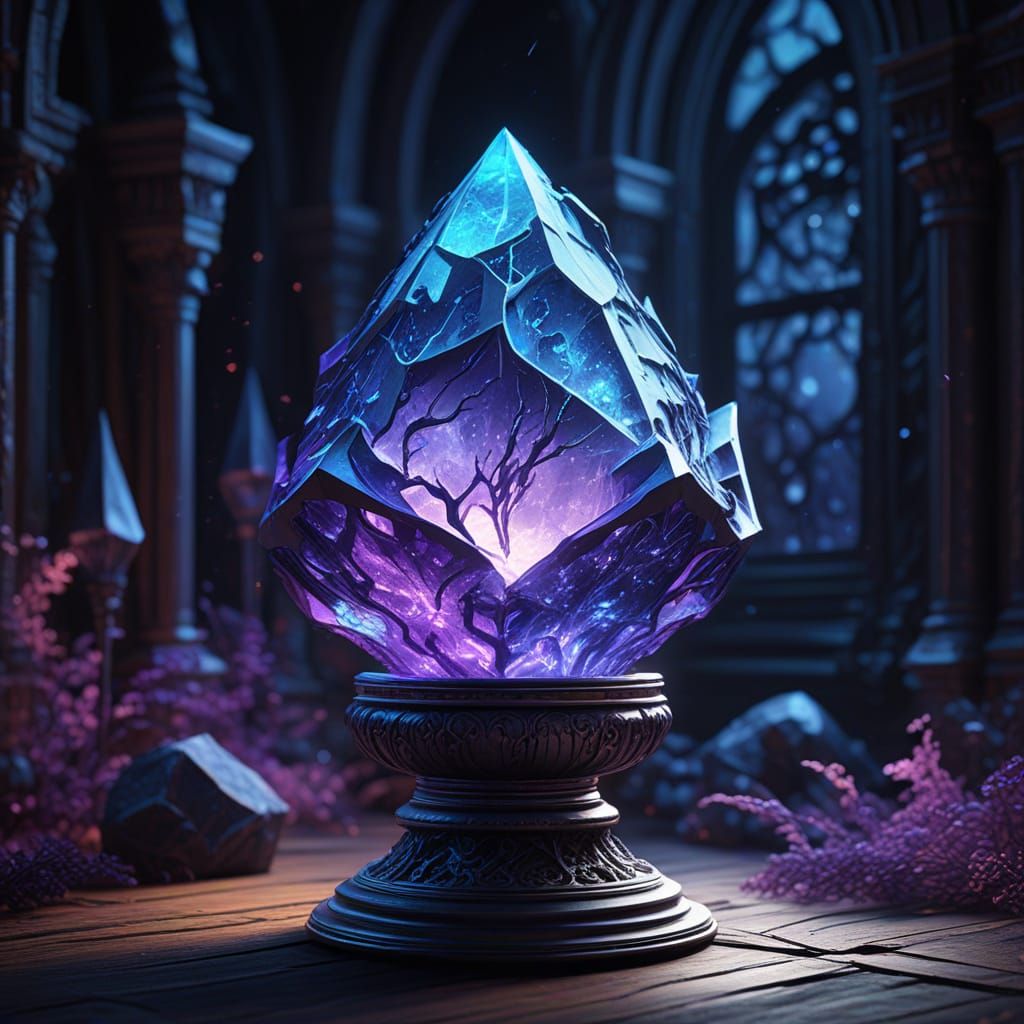 Magical Wizard Holding Glowing Crystal in Dark Mystical Back...