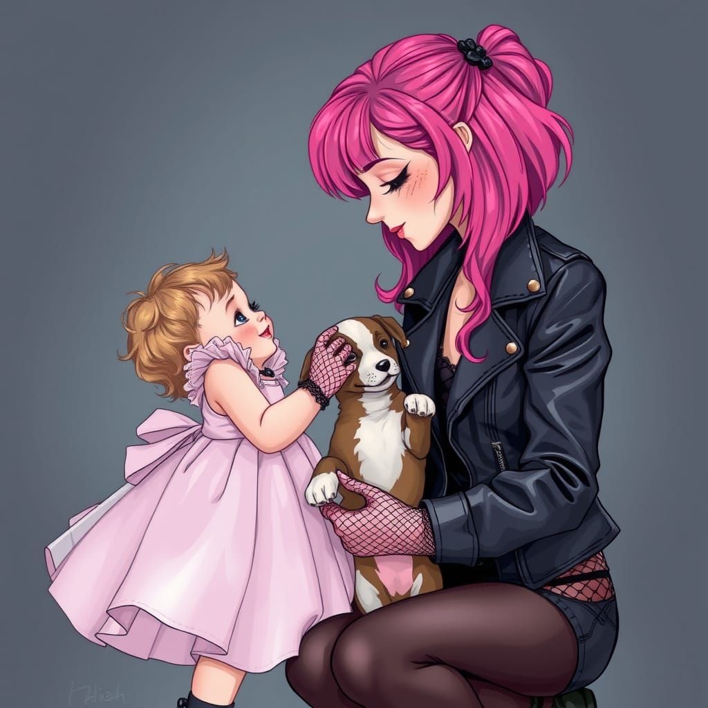 Heartwarming Goth Mommy Hands Puppy to Child