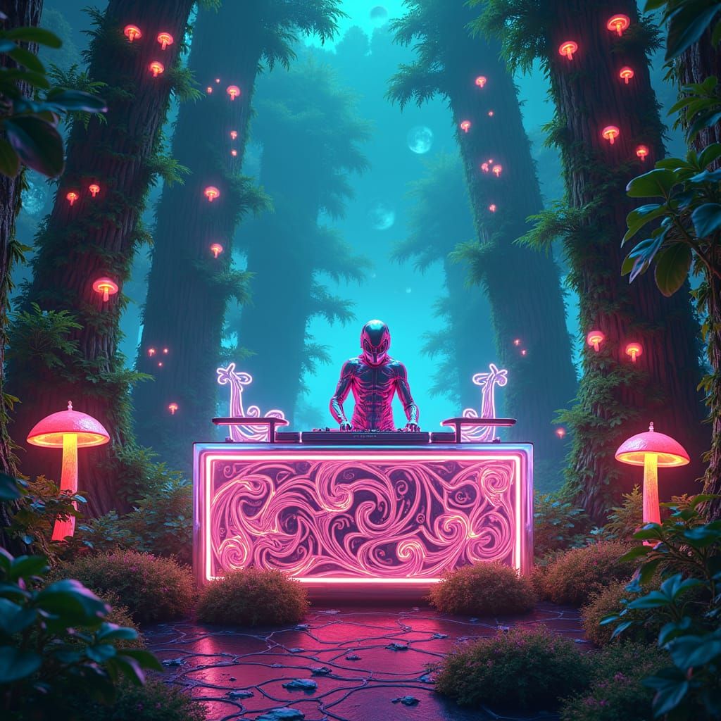 Futuristic DJ in Cosmic Psytrance Forest: Graffiti Art