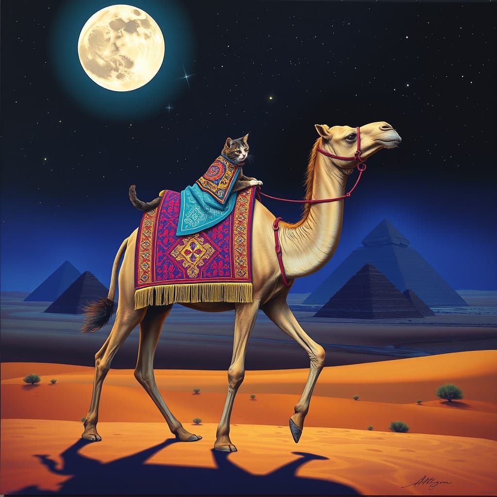 Camel and Cat Journey Through Moonlit Desert