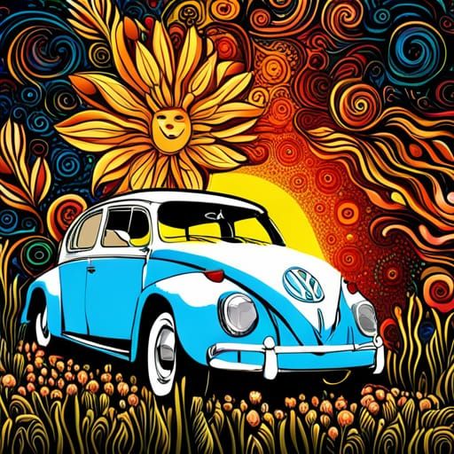 Floral VW Beetle in Mixed Media Style