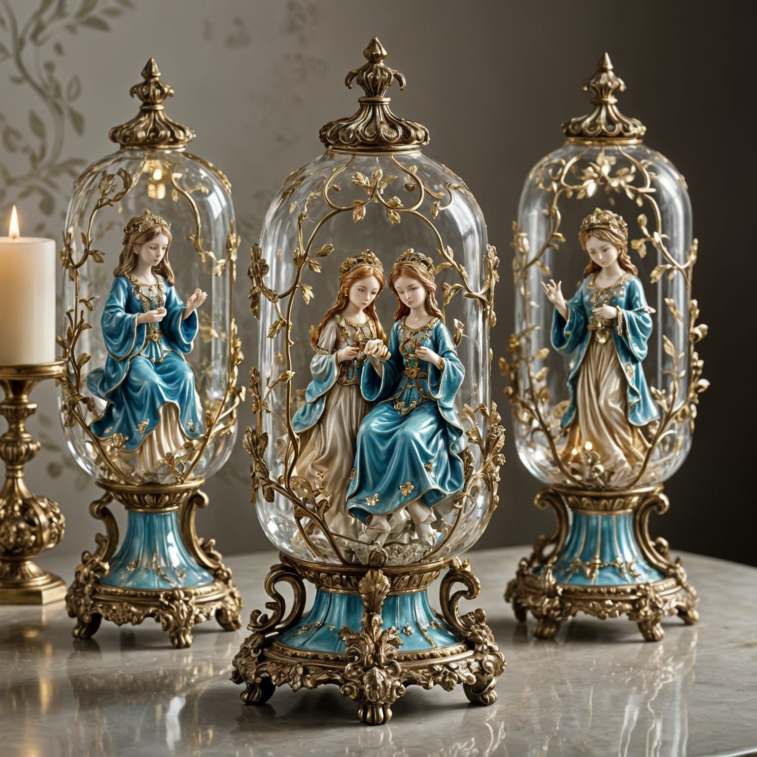 Enameled Figurines Glow in Ornate Rococo Vitrine