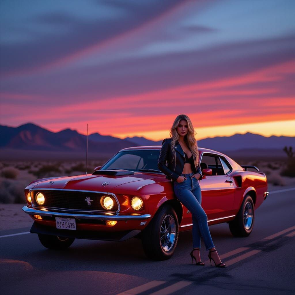 Vintage Mustang, Desert Highway at Twilight