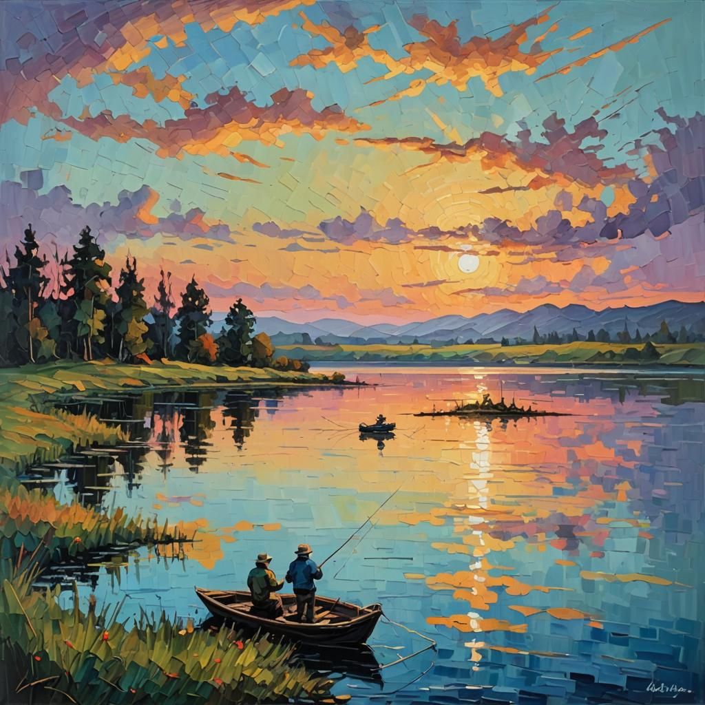 Sunset Lake Fishing in Expressionist Oil Painting