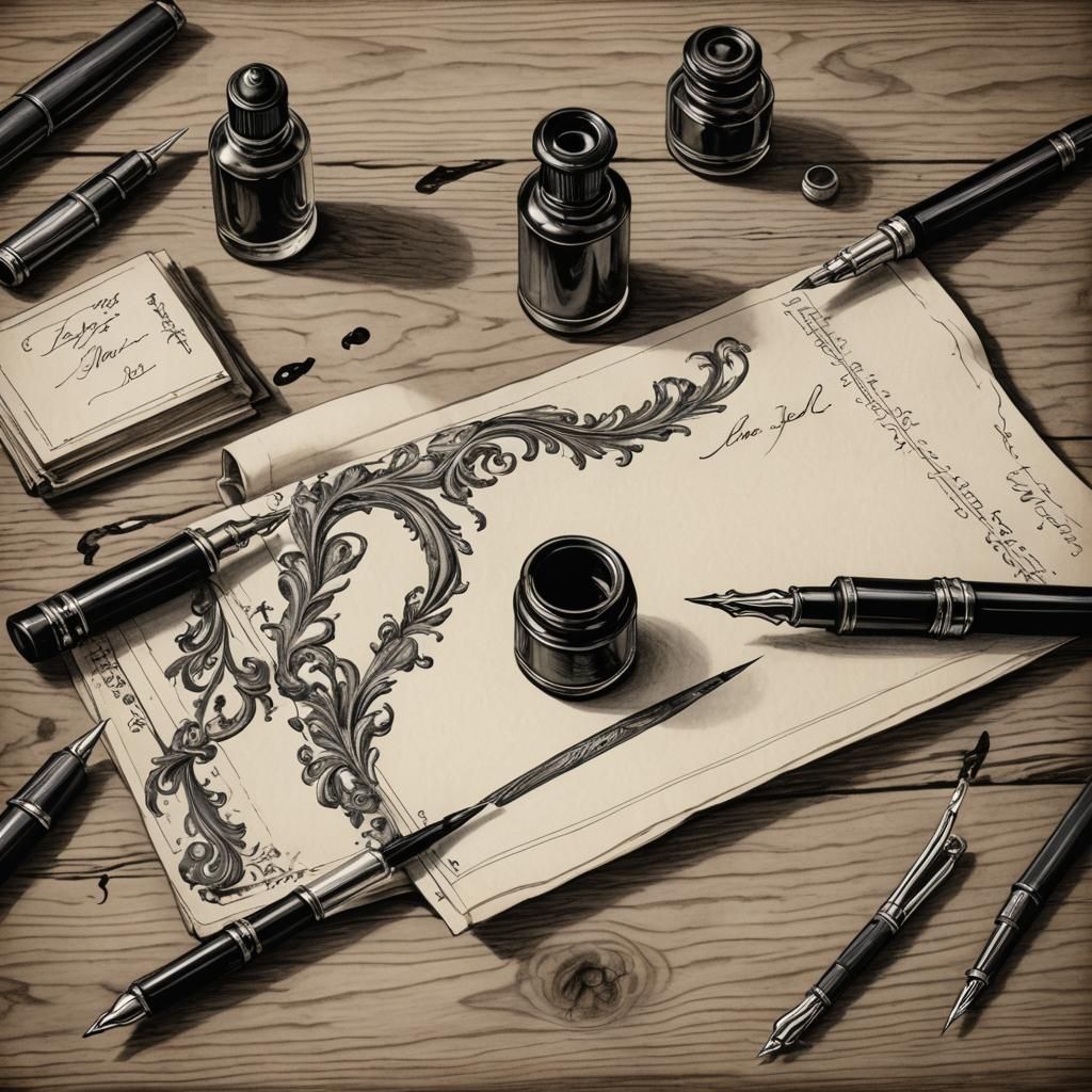 Fountain pen, ink well and linen-paper on old-fashioned wood...