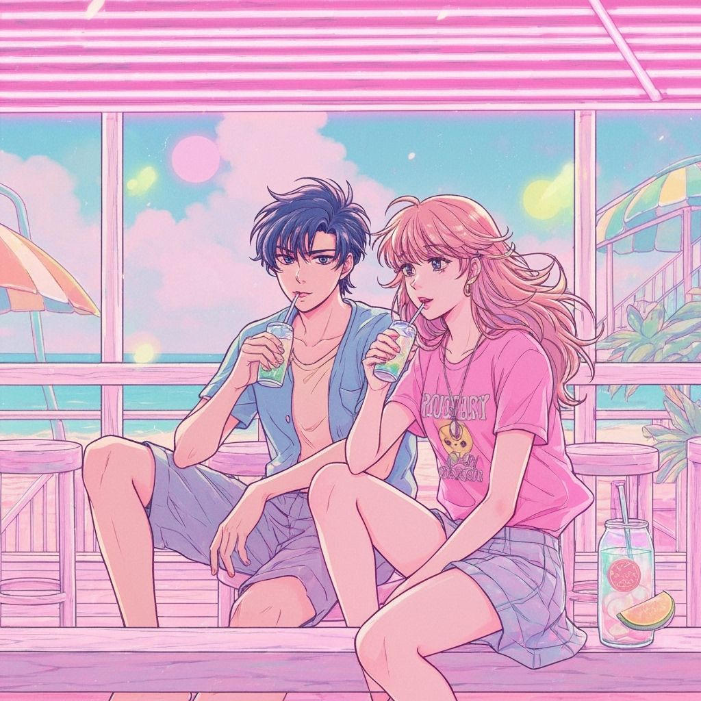 Retro Manga Couple Sipping Melon Soda