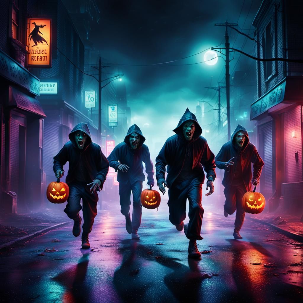 Halloween Horror: Teens Chase by Creatures in Neon Streets