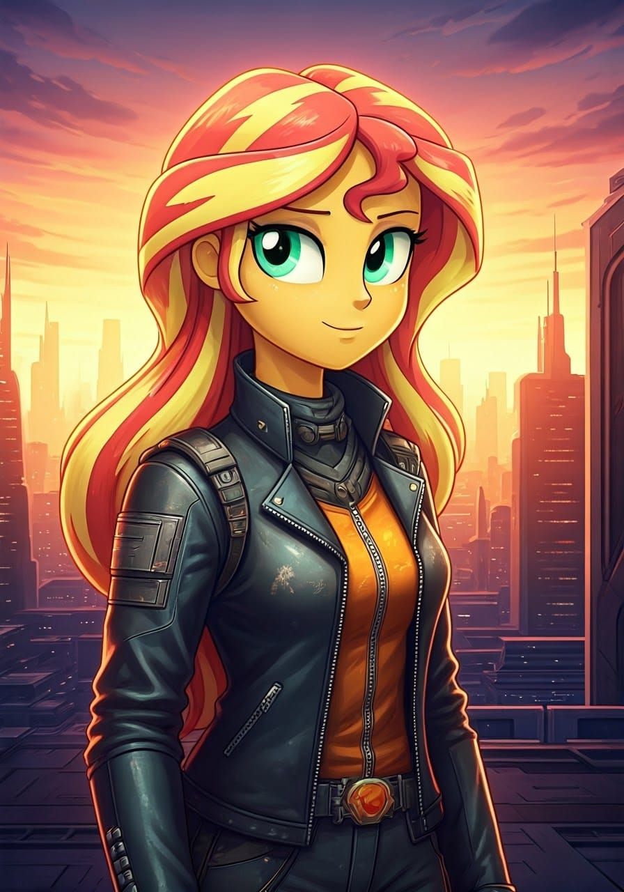 Sunset Shimmer in Dystopian Cityscape, Hyperrealism Style